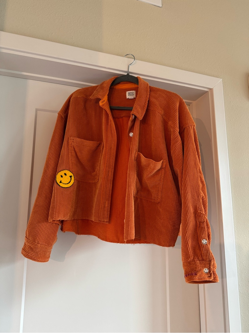 BDG Orange Corduroy Boxy Crop Jacket with Patch Pocket